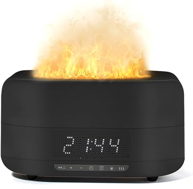 Aroma Diffuser with Bluetooth Speaker, 5-in-1 Essential Oil Diffuser Flickering Flame, 400mL Humidifier LED Clock Remote, Quiet for Bedroom Home Office Auto Shut-Off Gift (Black)