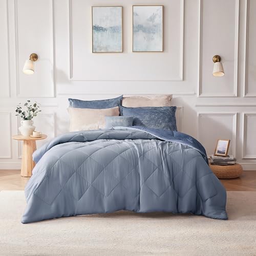 Intelligent Design Twin Comforter Set, Velvet Comforter Set , Luxury Diamond Quilting Comforter Set, Fluffy Comforter Bed Set with Decorative Pillowand 1 Sham, 3 Piece Blue, Twin/Twin XL