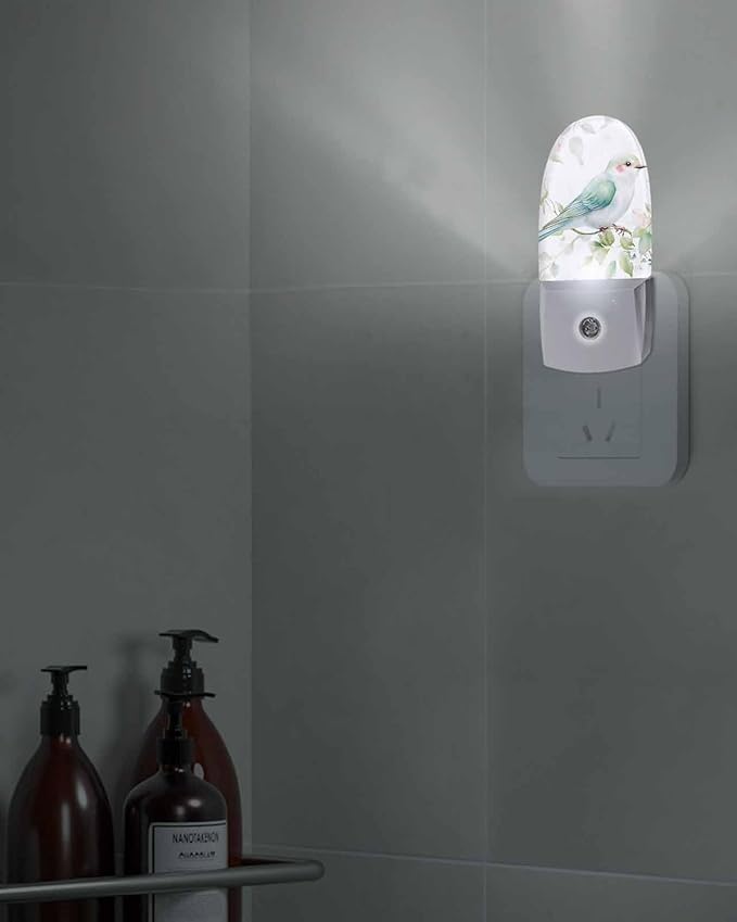 Spring Bird Pink Peach Blossom Night Light Plug into Wall, Watercolor Green Leaves Popsicle Shape Night Light Nightlight with Light Sensors for Kids Bedroom Hallway