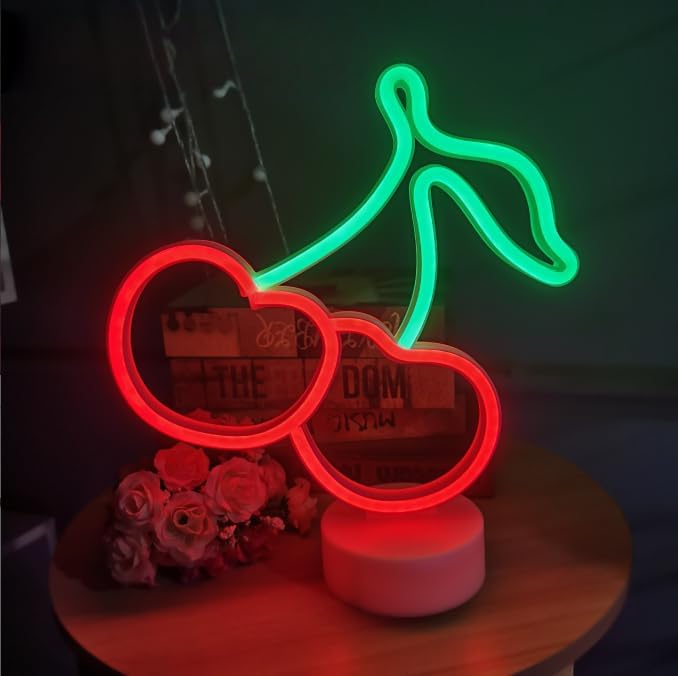 Cherry Neon Sign Lamp Dimmable LED with Standable Base and Touchable Switch,USB or 3-AA Battery Powered Neon Signs LED Desktop Wall Decoration for Party, Bedroom ，Birthday Christmas G
