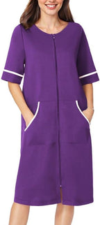 Ekouaer Women Zipper Robe Short Sleeve Duster Housecoat Short Bathrobes Zip Front Nightgown with Pockets S-3XL