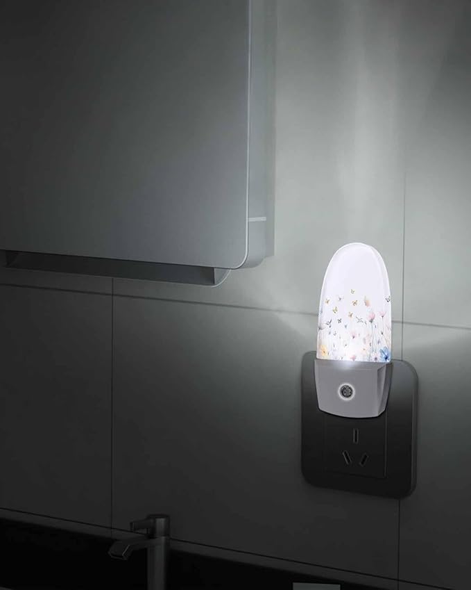 Night Light Plug into Wall, Spring Summer Flowers Floral Butterflies Birds Blue Yellow Peach Light Purple Popsicle Shape Night Light LED Nightlight with Light Sensors for Kids Bedroom Hallway
