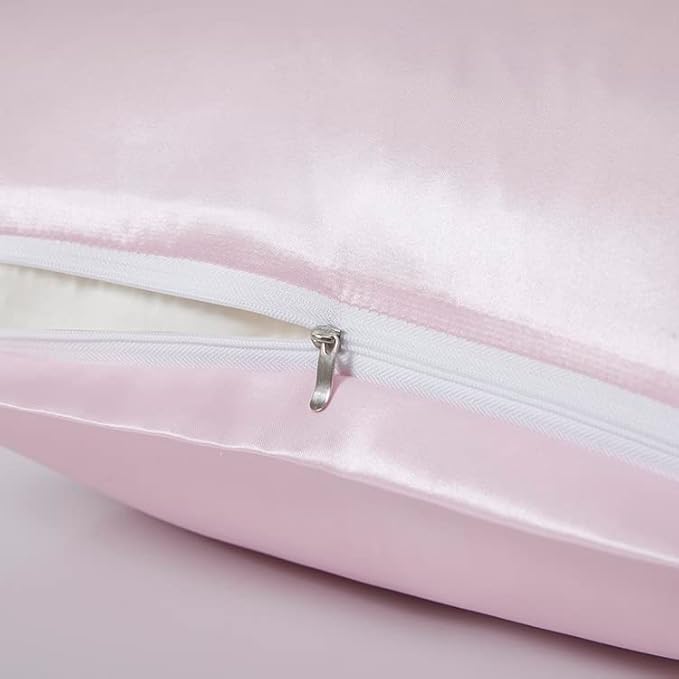Satin Pillowcases with Zipper （20x26）,Standard Size Pillowcases Set of 2, Pink Silk Pillowcase for Hair and Skin