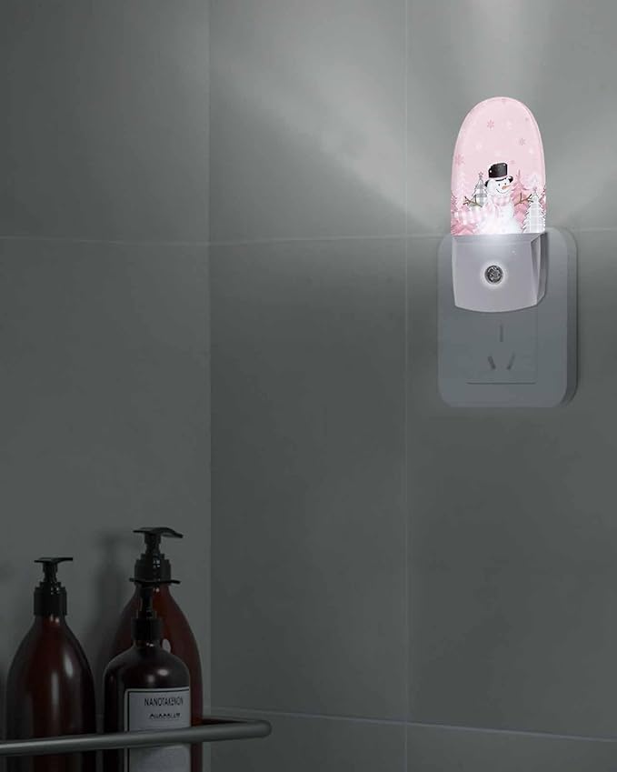 Night Light Plug into Wall, Winter Xmas Happy Snowman Grey Buffalo Checked Christmas Tree Snowflake Peach Popsicle Shape Night Light LED Nightlight with Light Sensors for Kids Bedroom Hallway