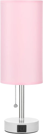Hong-in Pink Bedside Lamp - 3 Color Modes, Small Lamp with USB-C and USB-A Charging Ports, Pull Chain, Nightstand Light for Bedroom, Office, Kids Room (Bulb Included)