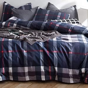 CLOTHKNOW Blue Plaid California King Comforter Set Buffalo Tartan Bedding Comforter Sets Soft Blue White Grey Grid Comforter with 2 x Pillow Cases
