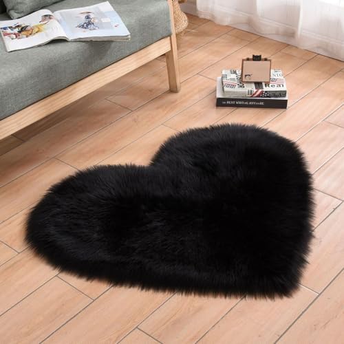 Faux Fur Sheepskin Heart Shaped Area Rugs, 16"x20" Luxurious Wool Love Floor Carpets Bathroom Non-Slip Mat for Home Decor Nursery Living Room Bedroom Pet Kids and Baby Room (Black)