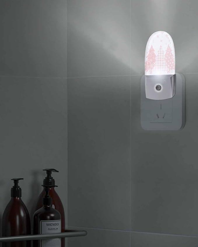 Night Light Plug into Wall, Winter Merry Christmas Trees Snowflakes Buffalo Check Simple Peach White Popsicle Shape Night Light LED Nightlight with Light Sensors for Kids Bedroom Hallway