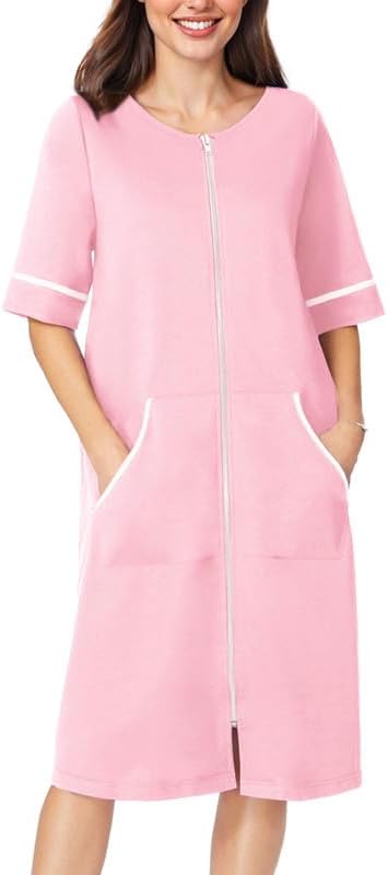 Ekouaer Women Zipper Robe Short Sleeve Duster Housecoat Short Bathrobes Zip Front Nightgown with Pockets S-3XL