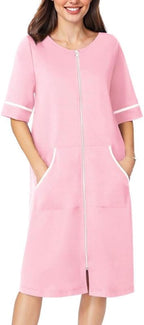 Ekouaer Women Zipper Robe Short Sleeve Duster Housecoat Short Bathrobes Zip Front Nightgown with Pockets S-3XL