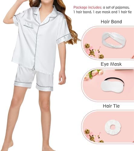 EPLAZA Kids Satin Pajamas Sets Girls Boys Button-Down Silky Pajamas Sleepwear with Hairband Eye Mask Hair Tie
