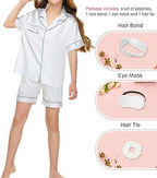 EPLAZA Kids Satin Pajamas Sets Girls Boys Button-Down Silky Pajamas Sleepwear with Hairband Eye Mask Hair Tie