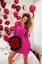 Ekouaer Satin Nightgowns for Women Silk Sleepwear Button Down Sleepshirt 3/4 Sleeve V-Neck Nightshirts with Pockets