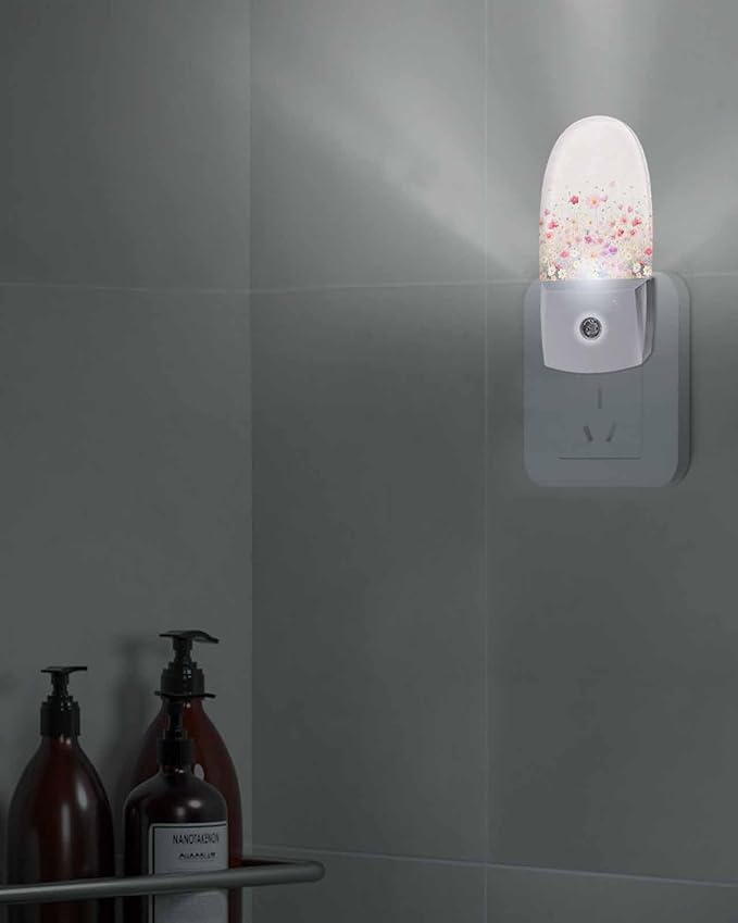 Night Light Plug into Wall, Spring Summer Peach Red Purple White Floral Flower Leaf Country Beige Popsicle Shape Night Light LED Nightlight with Light Sensors for Kids Bedroom Hallway