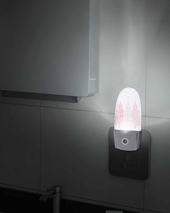 Night Light Plug into Wall, Winter Merry Christmas Trees Snowflakes Buffalo Check Simple Peach White Popsicle Shape Night Light LED Nightlight with Light Sensors for Kids Bedroom Hallway