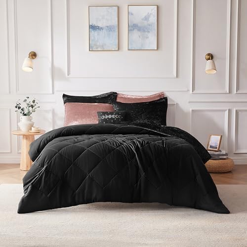 Intelligent Design Twin Comforter Set, Velvet Comforter Set , Luxury Diamond Quilting Comforter Set, Fluffy Comforter Bed Set with Decorative Pillowand 1 Sham, 3 Piece Black, Twin/Twin XL