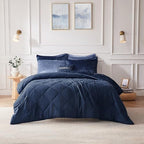 Intelligent Design Twin Comforter Set, Velvet Comforter Set , Luxury Diamond Quilting Comforter Set, Fluffy Comforter Bed Set with Decorative Pillowand 1 Sham, 3 Piece Navy, Twin/Twin XL