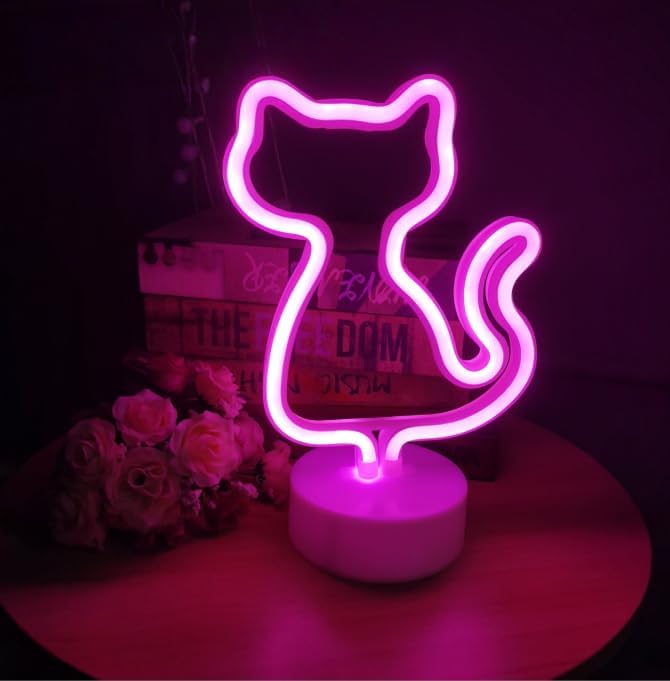 Cat Neon Sign Lamp Dimmable LED with Standable Base and Touchable Switch,USB or 3-AA Battery Powered Neon Signs LED Desktop Wall Decoration for Party, Bedroom ，Birthday Christmas G