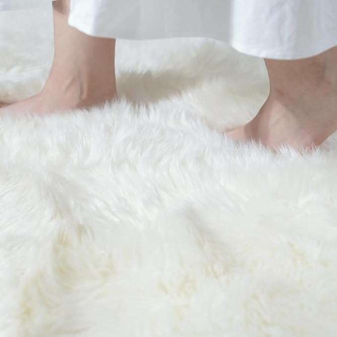 Genuine Sheepskin Rug with Little Patches | Premium Ivory White Fluffy Sheep Skin Carpet for Bedroom Fireplace | Soft Wool Throw Blanket for Elder, Pet | Luxurious Fur Rug for Chair, Sofa, 2FT×6FT