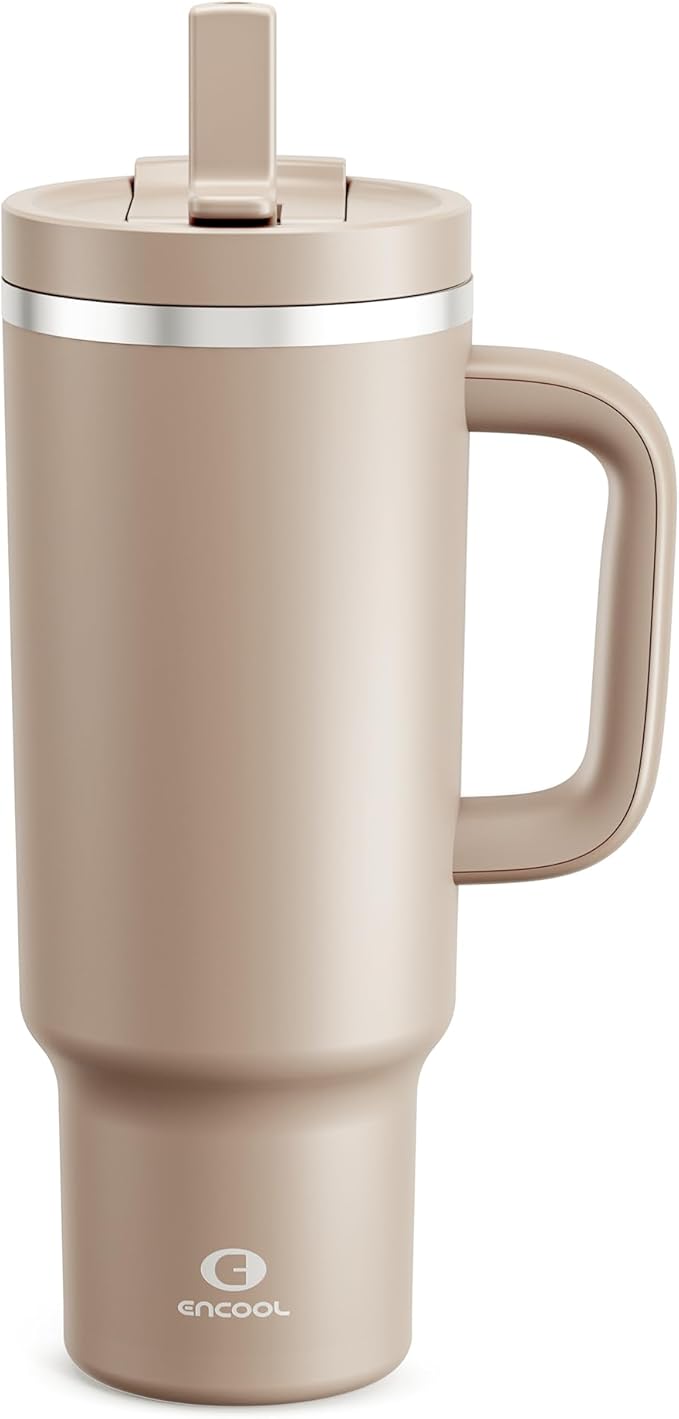 ENCOOL 40 oz Tumbler with Handle and Straw: Stainless Steel Insulated Tumbler Keeps Cold for 24 Hours, Leakproof Travel Cup Fits in Cup Holder and BPA-Free,Raw Umber