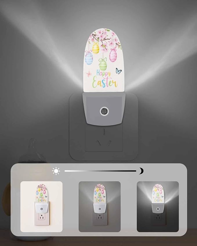 Happy Easter Eggs Floral Butterfly Night Light Plug into Wall, Blossom Peach on Burlap Popsicle Shape Night Light Nightlight with Light Sensors for Kids Bedroom Hallway