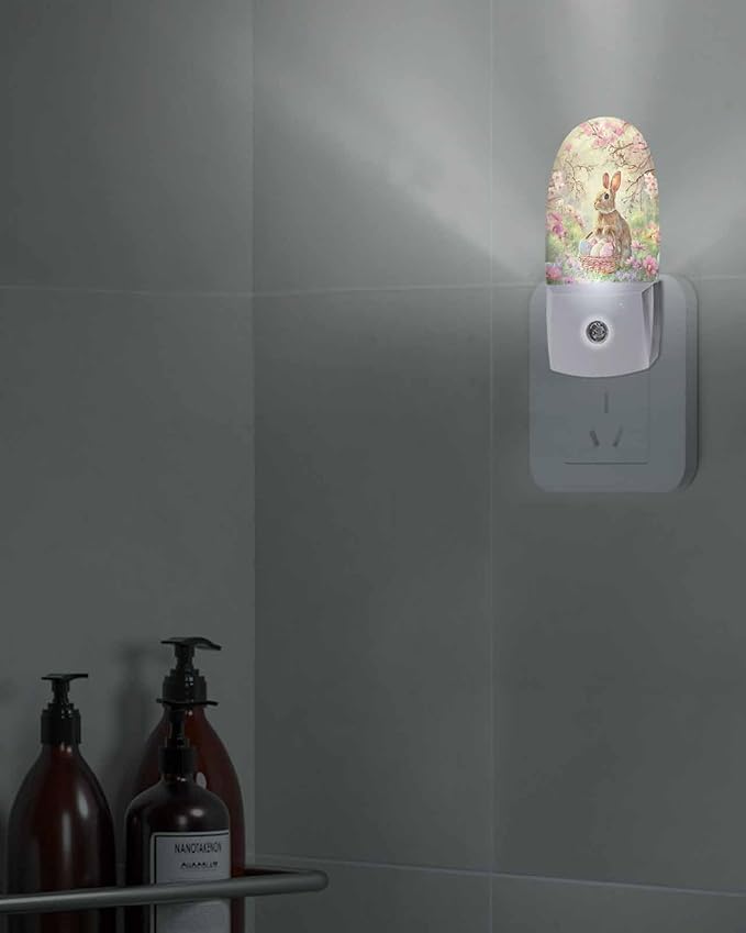 Easter Spring Peach Blossom Rabbit Night Light Plug into Wall, Colorful Eggs Farm Floral Popsicle Shape Night Light Nightlight with Light Sensors for Kids Bedroom Hallway