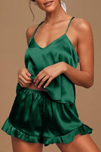 CHYRII Women's Sexy Silk Satin Ruffled Pajamas Sets Cami Shorts Sets Sleepwear