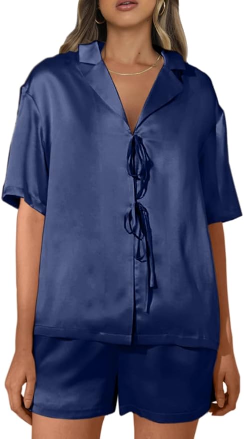 CHYRII Women's Silk Satin Pajamas Sets Tie Front Short Sleeve Tops and Shorts Two Piece Pj Sets Sleepwear