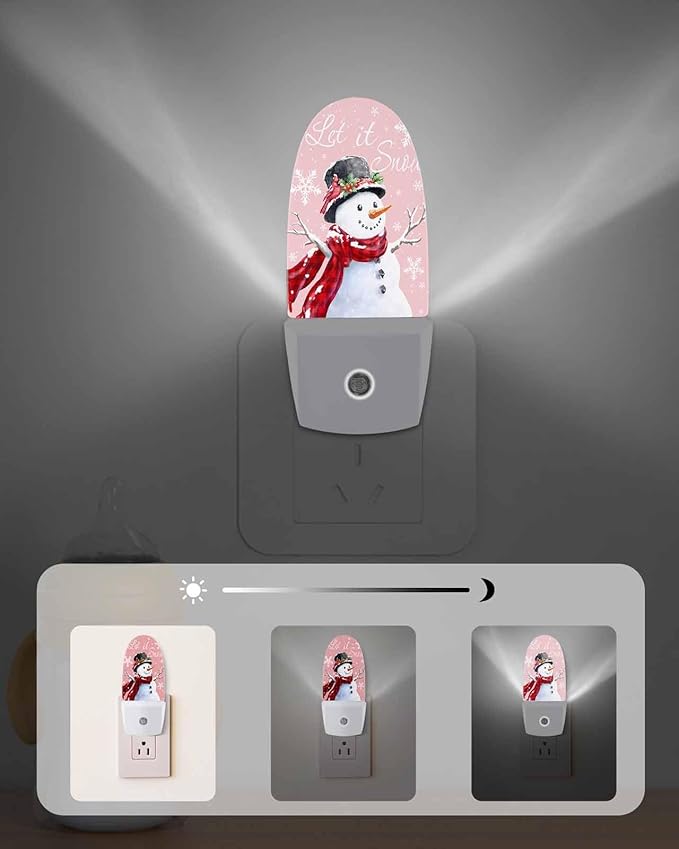 Christmas Snowman Red Plaid Scarf Night Light Plug into Wall, Winter Snowflake Quotes Peach Popsicle Shape Night Light LED Nightlight with Light Sensors for Kids Bedroom Hallway