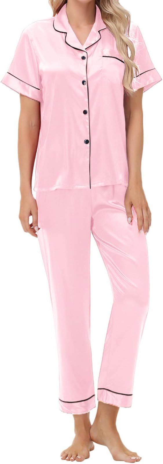 Women's Satin Pajama Set Short Sleeve Silk Top and Pants Set Classic Button Down 2-Piece Sleepwear Loungewear