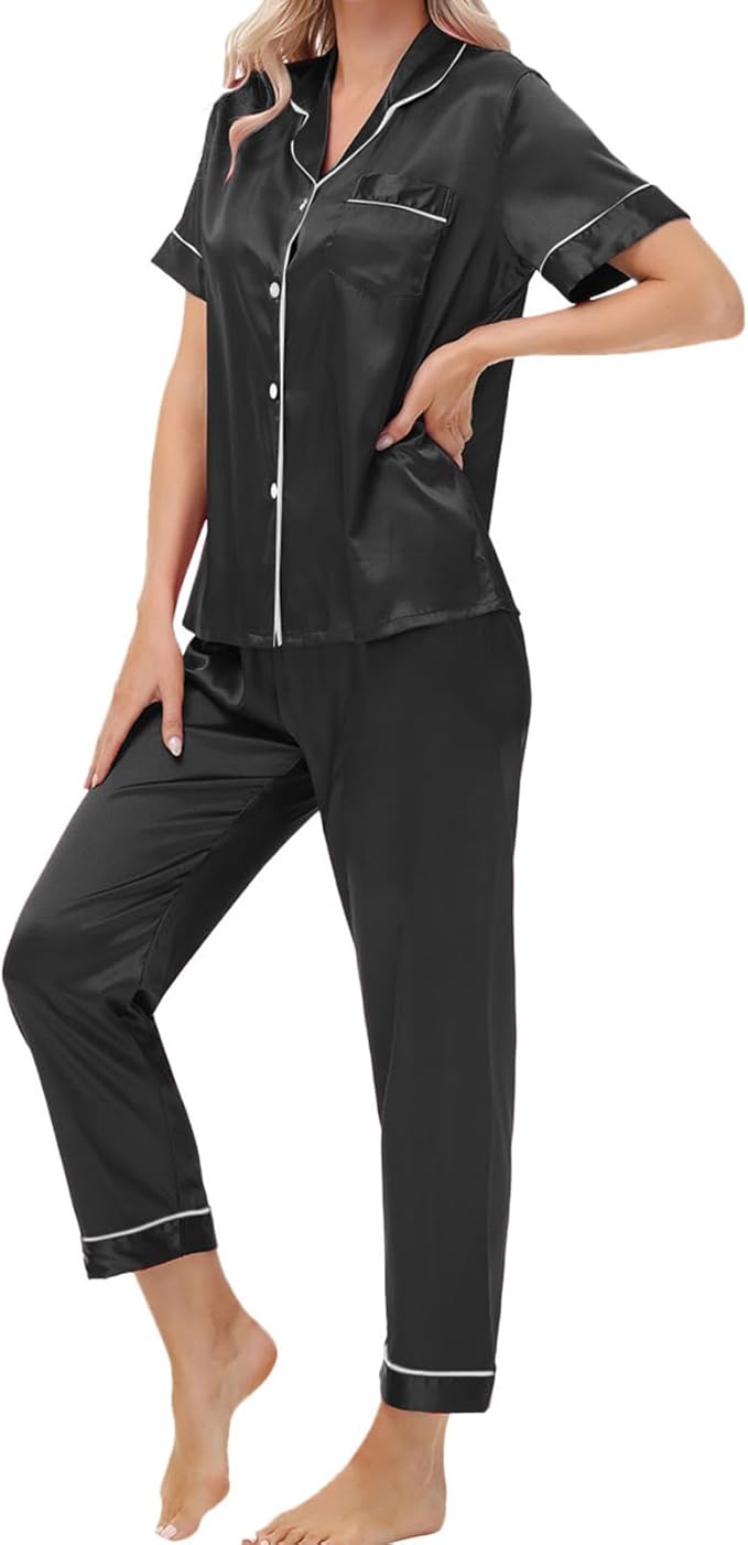 Women's Satin Pajama Set Short Sleeve Silk Top and Pants Set Classic Button Down 2-Piece Sleepwear Loungewear