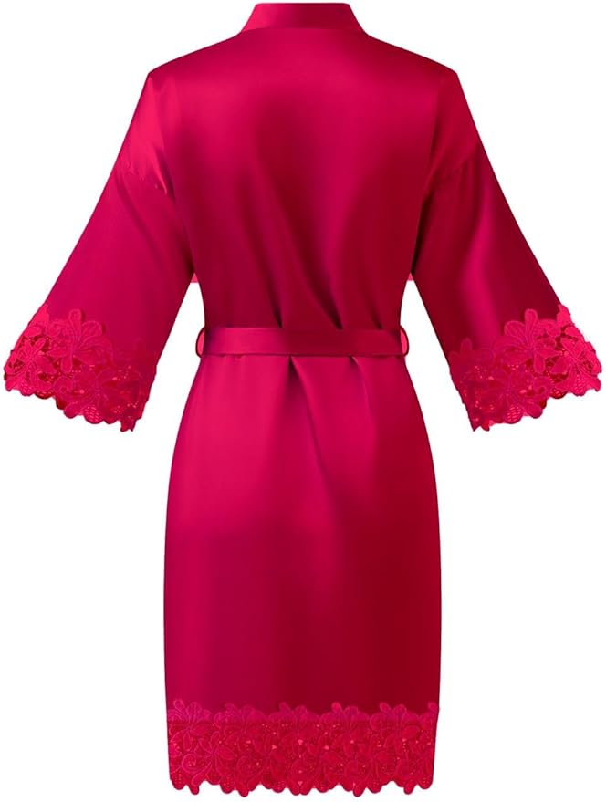 Womens Short Satin Robe Lace Trim Silk Kimono Sleepwear Bridesmaid Robes for Bride Wedding Party Nightgown