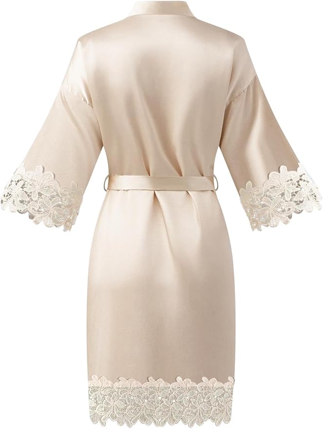 Womens Short Satin Robe Lace Trim Silk Kimono Sleepwear Bridesmaid Robes for Bride Wedding Party Nightgown