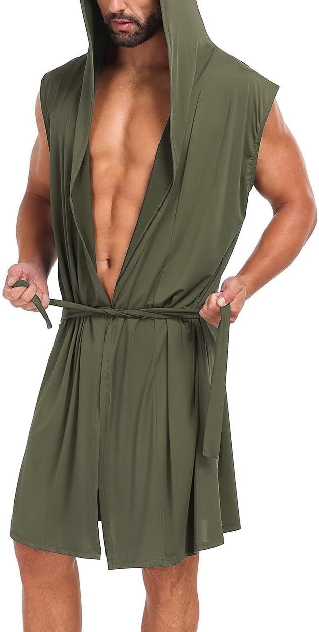 VintageClothing Men's Summer Robe with Hooded Lightweight Bathrobe House Kimono Sleeveless Sexy Sleepwear Pajamas