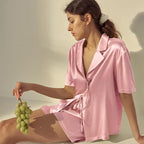 CHYRII Women's Silk Satin Pajamas Sets Tie Front Short Sleeve Tops and Shorts Two Piece Pj Sets Sleepwear