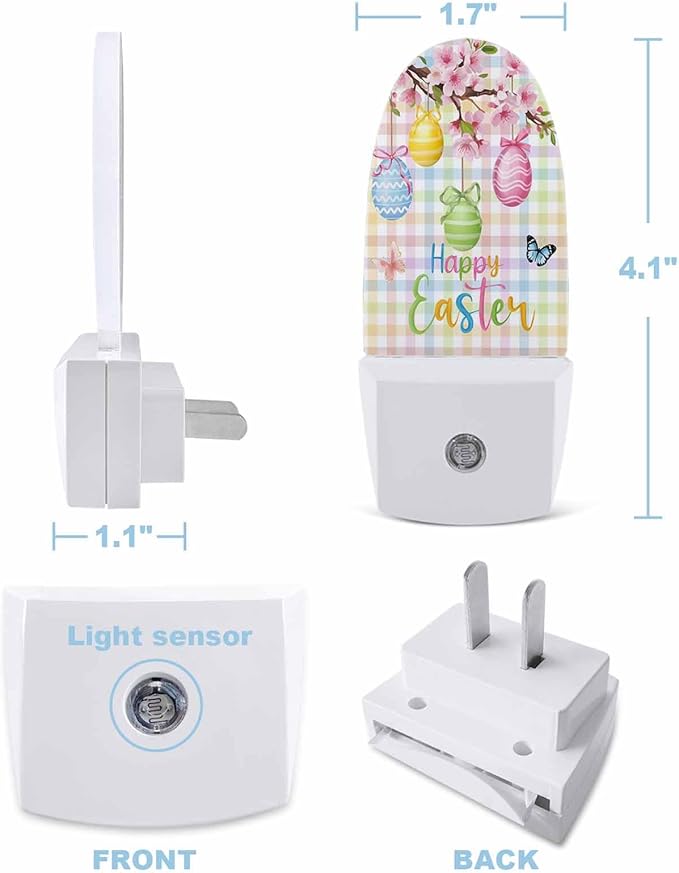Happy Easter Eggs Blossom Peach Night Light Plug into Wall, Butterfly on Colorful Checker Popsicle Shape Night Light Nightlight with Light Sensors for Kids Bedroom Hallway