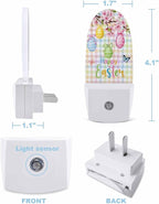 Happy Easter Eggs Blossom Peach Night Light Plug into Wall, Butterfly on Colorful Checker Popsicle Shape Night Light Nightlight with Light Sensors for Kids Bedroom Hallway