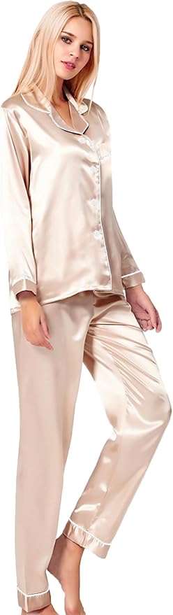 SWOMOG Womens Silk Satin Pajamas Set Long Sleeve Button Down Sleepwear 2 Piece Lounge Set Pj Set XS-3XL