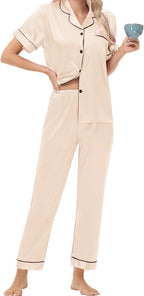 Women's Satin Pajama Set Short Sleeve Silk Top and Pants Set Classic Button Down 2-Piece Sleepwear Loungewear