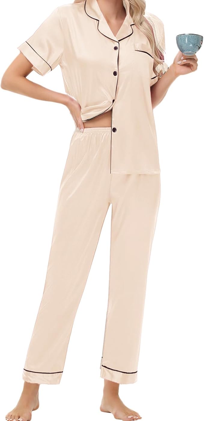 Women's Satin Pajama Set Short Sleeve Silk Top and Pants Set Classic Button Down 2-Piece Sleepwear Loungewear