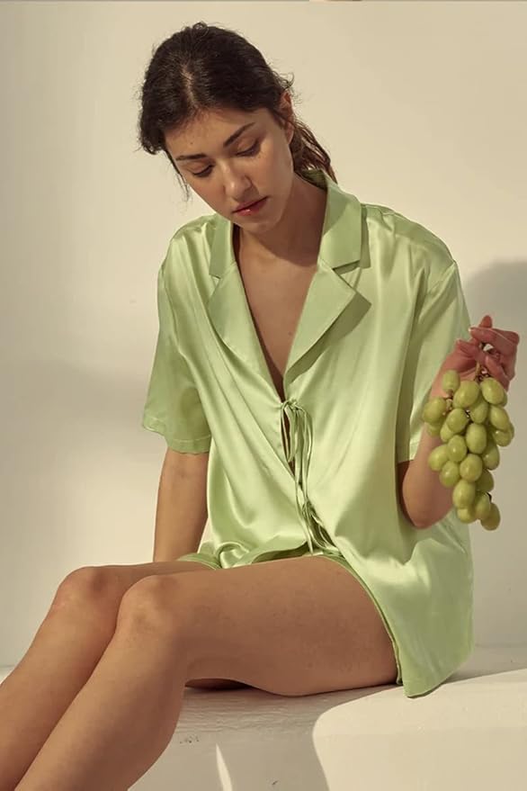 CHYRII Women's Silk Satin Pajamas Sets Tie Front Short Sleeve Tops and Shorts Two Piece Pj Sets Sleepwear