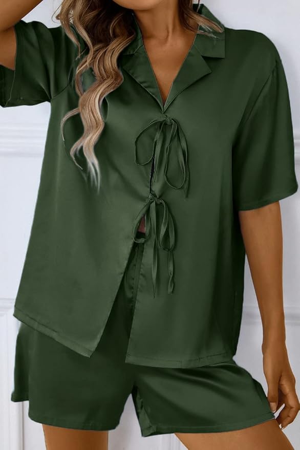 CHYRII Women's Silk Satin Pajamas Sets Tie Front Short Sleeve Tops and Shorts Two Piece Pj Sets Sleepwear