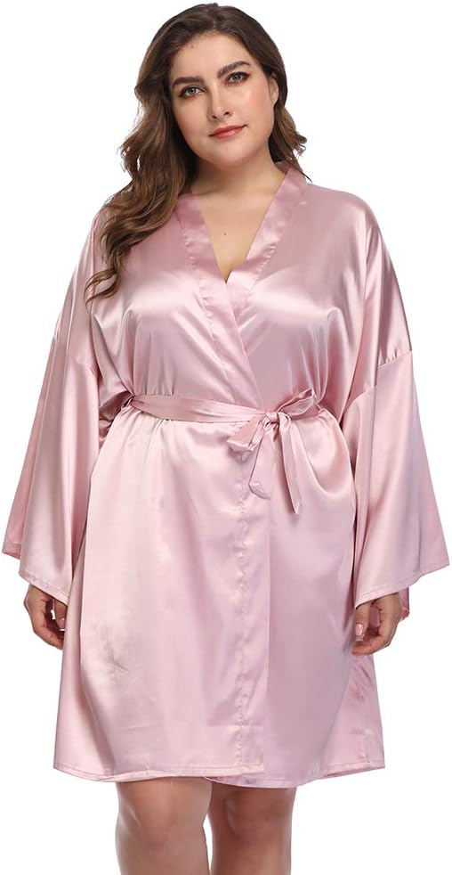 Women's Plus Size Short Satin Kimono Robes Sleepwear Bathrobes Silky Dressing Gown