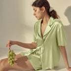 CHYRII Women's Silk Satin Pajamas Sets Tie Front Short Sleeve Tops and Shorts Two Piece Pj Sets Sleepwear