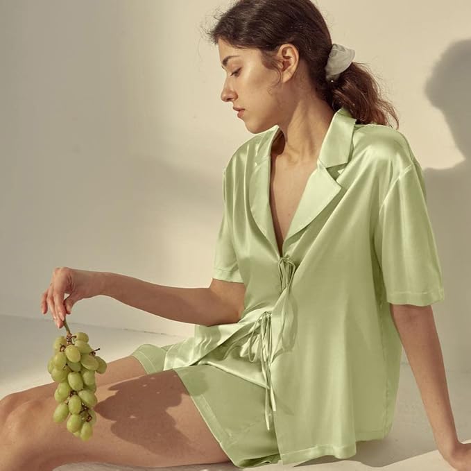 CHYRII Women's Silk Satin Pajamas Sets Tie Front Short Sleeve Tops and Shorts Two Piece Pj Sets Sleepwear