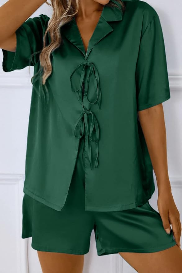 CHYRII Women's Silk Satin Pajamas Sets Tie Front Short Sleeve Tops and Shorts Two Piece Pj Sets Sleepwear