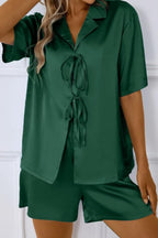 CHYRII Women's Silk Satin Pajamas Sets Tie Front Short Sleeve Tops and Shorts Two Piece Pj Sets Sleepwear