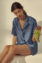 CHYRII Women's Silk Satin Pajamas Sets Tie Front Short Sleeve Tops and Shorts Two Piece Pj Sets Sleepwear