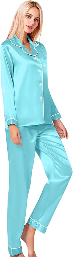 SWOMOG Womens Silk Satin Pajamas Set Long Sleeve Button Down Sleepwear 2 Piece Lounge Set Pj Set XS-3XL