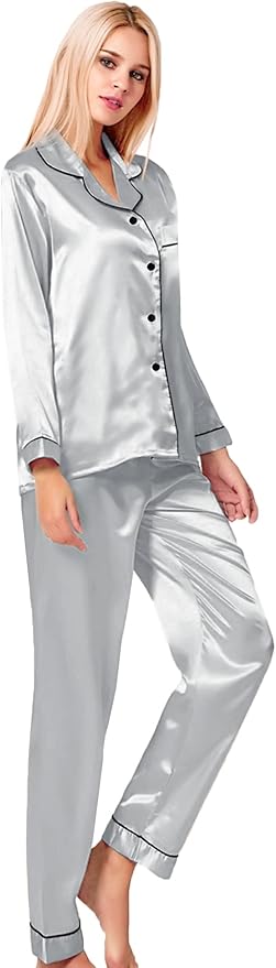 SWOMOG Womens Silk Satin Pajamas Set Long Sleeve Button Down Sleepwear 2 Piece Lounge Set Pj Set XS-3XL